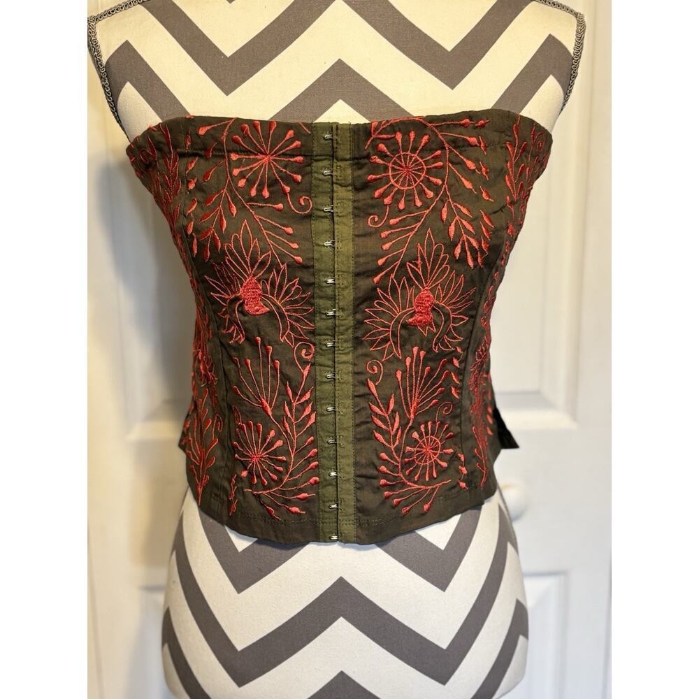 Nolita Cotton Embroidered Strapless Bustier Top Boho Festival Olive Green Pink
